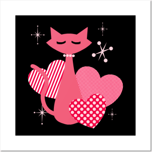 Atomic Hearts Mid-Century Modern Retro Valentines Cat Posters and Art